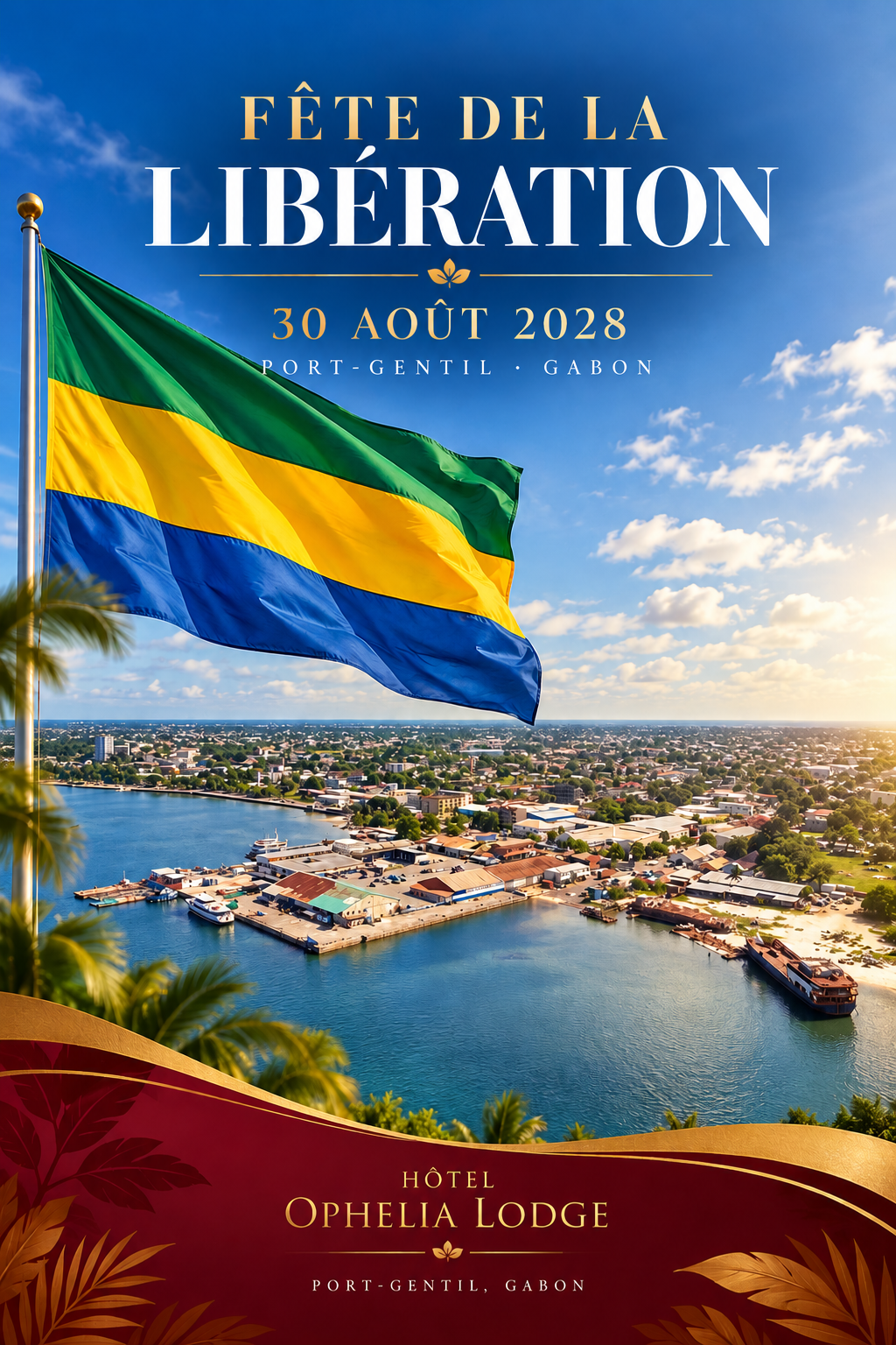 Affiche Fête de la Libération 2028, Port-Gentil, Hôtel Ophelia Lodge